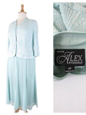 Alex Evenings Plus Size Petite Light Aqua Blue Sparkle Formal Dress Set Suit 16P